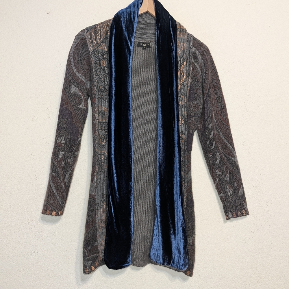 ETRO Milano paisley cashmere velvet Shawl collar cardigan sweater size 42 EUC